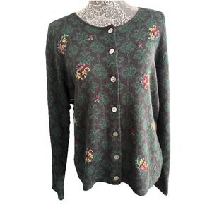 Talbots Womens SMALL Wool Blend Button Front Knit Embroidered Cardigan Sweater